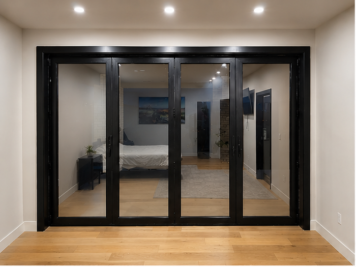 Black-framed folding glass door, closed