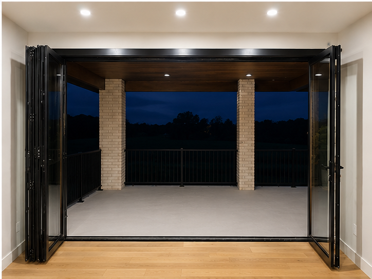 Folding glass door opened onto a covered patio