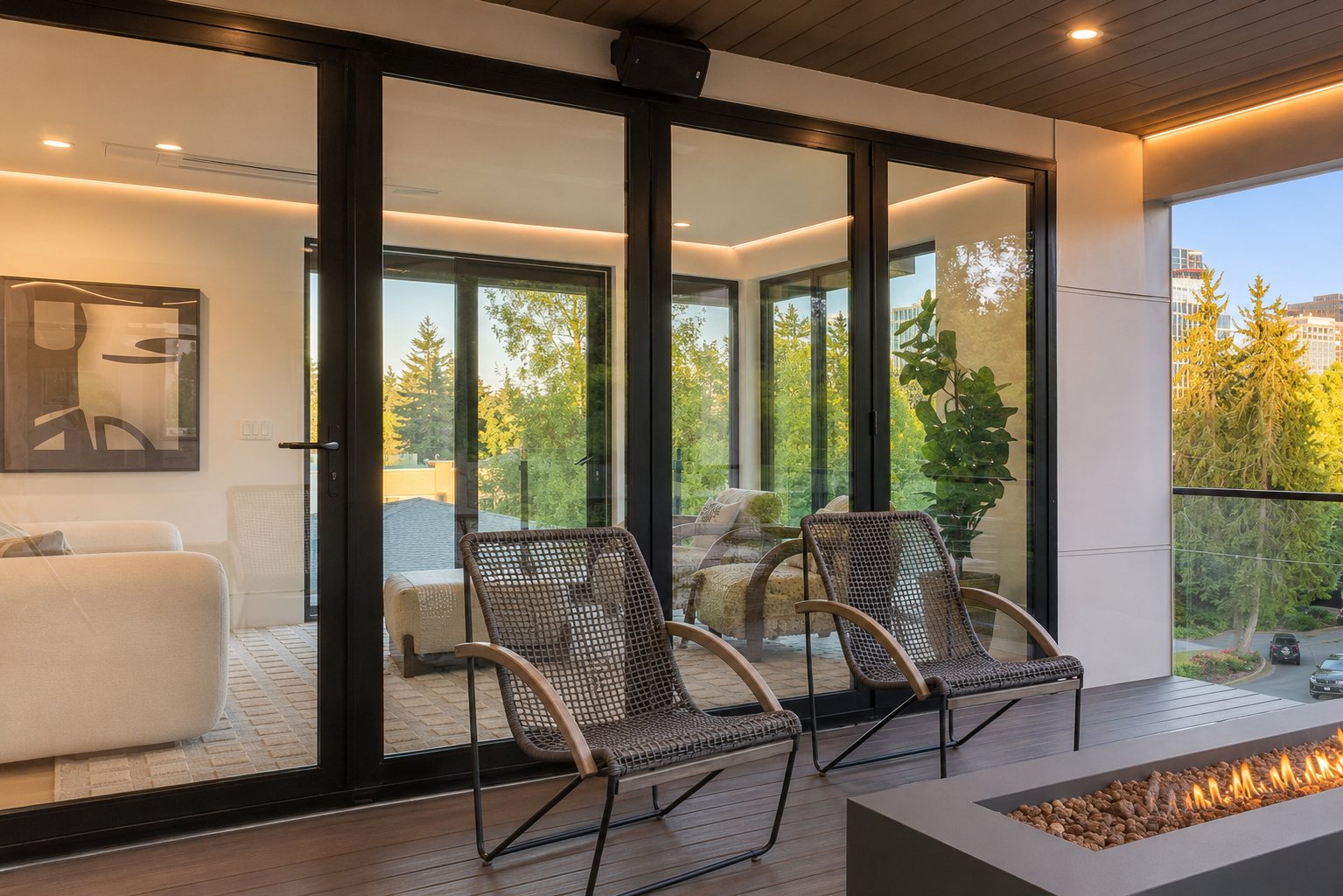 Sitting area with floor-to-ceiling black-framed glass doors opening to the deck